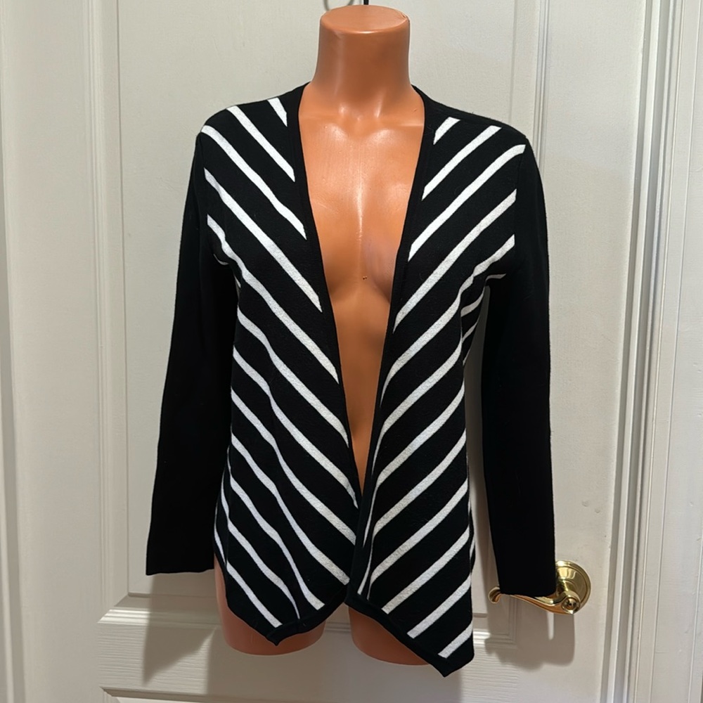 ALFANI Stripe Open Sweater Cardigan Black Ivory PS SP Petite Small NWOT $80